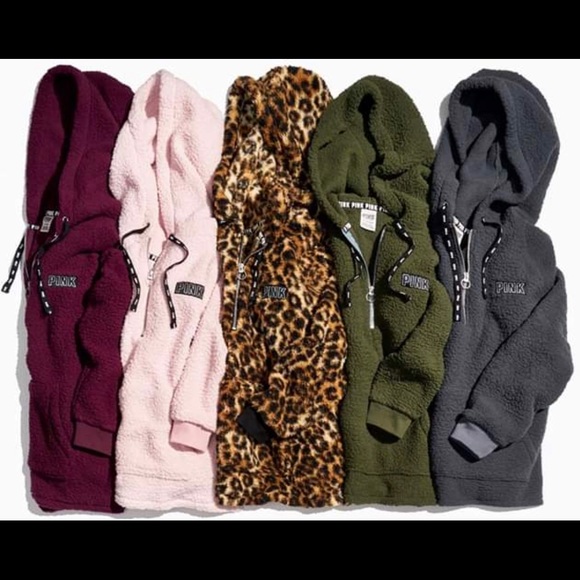 PINK Leopard Sherpa Half Zip Hoodie - Picture 3 of 4